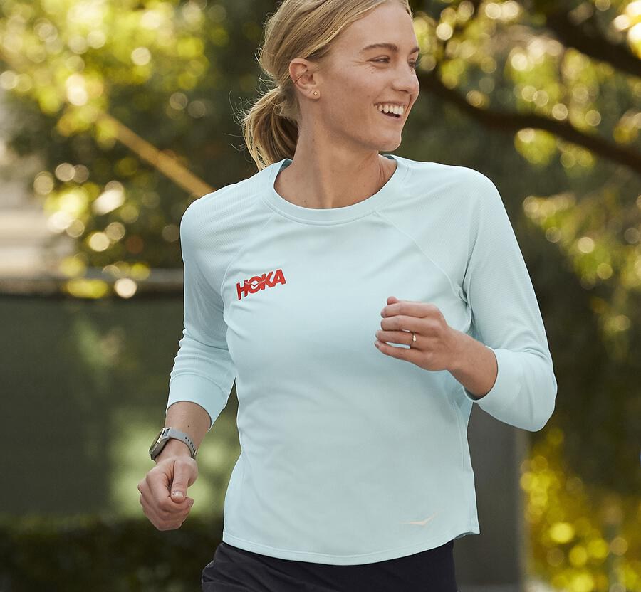 Hoka One One Top Kadın Mavi - Performance 3/4 Sleeve - OX2394016